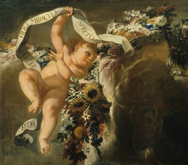 Putto mit Blumengewinde und Spruchband 1698 1699