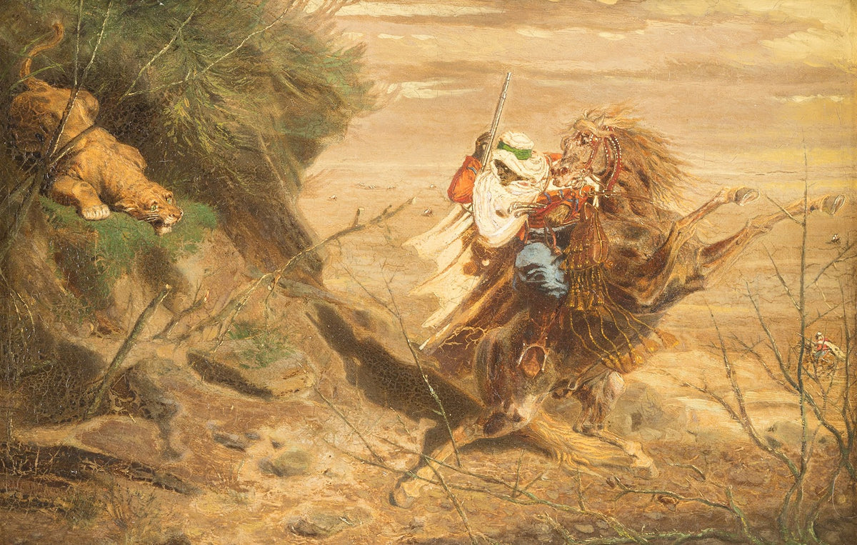 Arab fighting an attacking lion