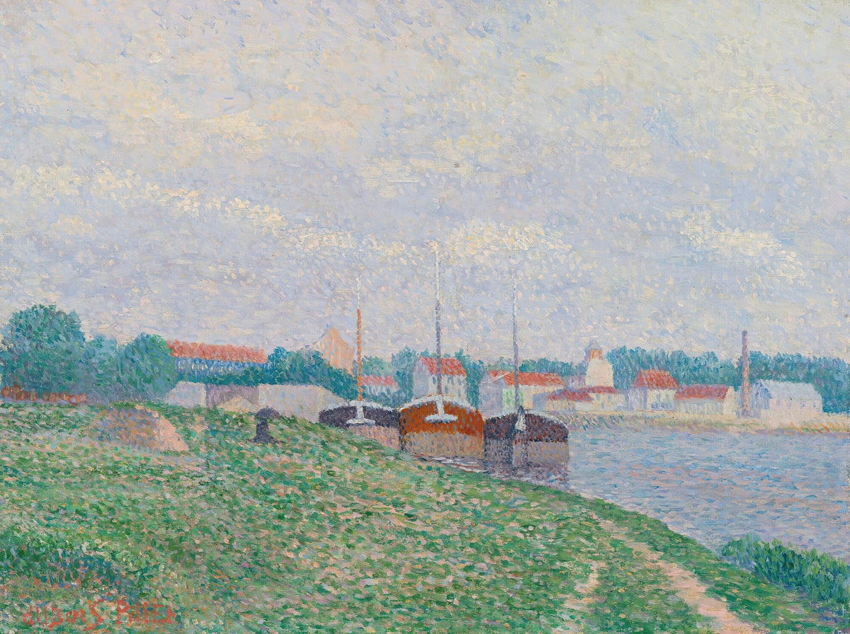 Trois Péniches Amarées Aux Abords Dune VilleIndustrielle circa 1886