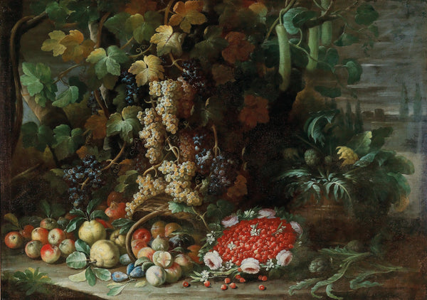 An overturned basket of fruit flowers and vegetables with a strawberry filled ga