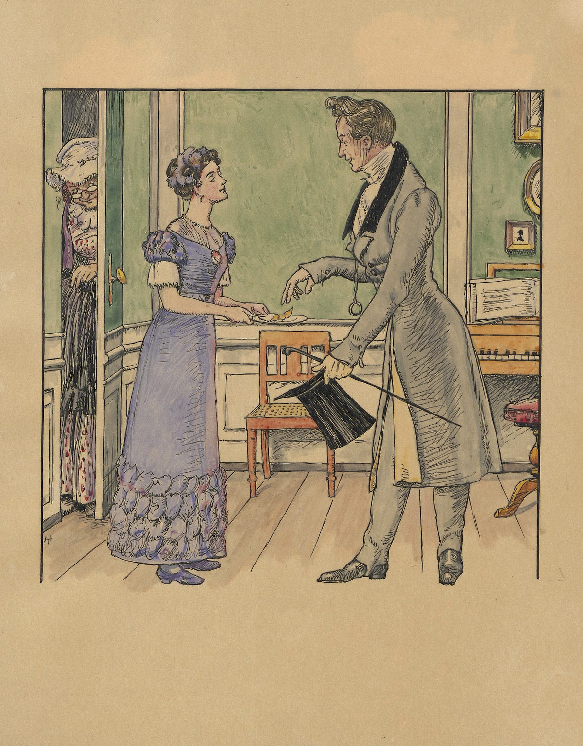 A woman offers a caramel to a man in a top hat and walking stick 1926