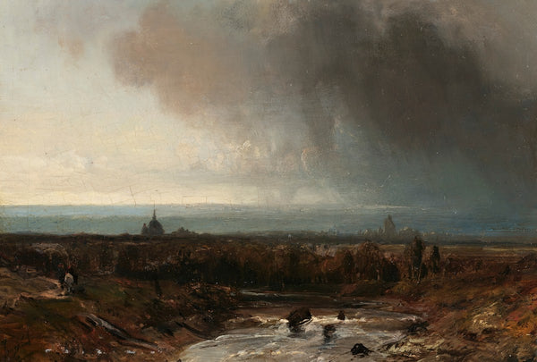 A river landscape beneath a stormy sky circa 1850