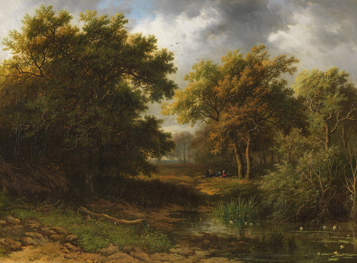 Waldlandschaft mit Weiher und Rastenden 1853