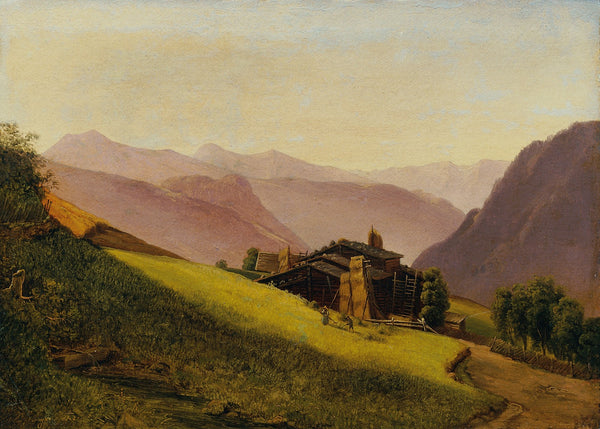 Gebirgslandschaft mit Almhütten und heuenden Bauern 1842