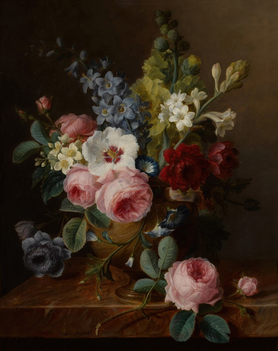 Still life of flowers in a vase on a marble ledge including roses hibiscus bellf