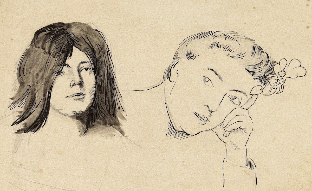 Deux têtes de femme lune aux cheveux longs lautre appuyée dans sa main gauche
