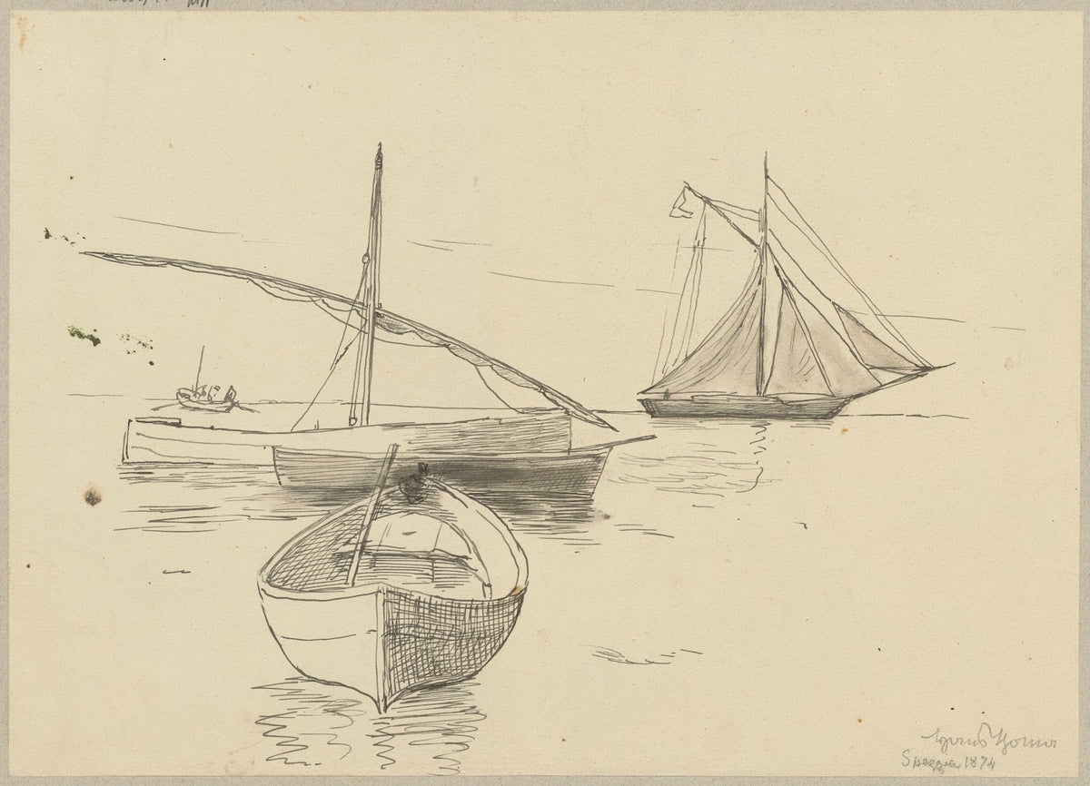 Boat and sailing boats on the coast in La Spezzia Liguria 1874