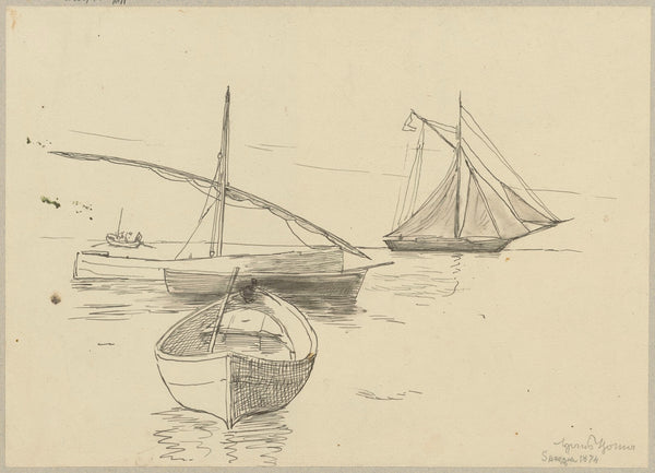 Boat and sailing boats on the coast in La Spezzia Liguria 1874