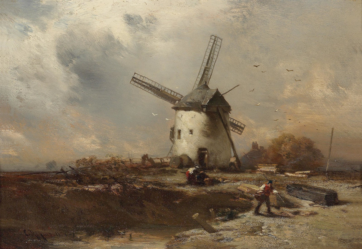Landschaft mit Windmühlen und figürlicher Staffage 1854