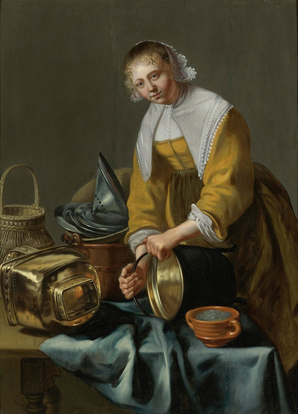 AKitchen Maid Standing By a Table With Copper Pots Pewter Plates And Other Objec