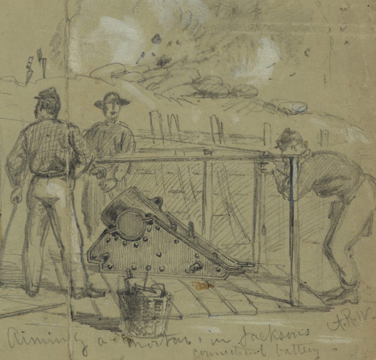 Aiming a Mortar in Jacksons Connecticut battery 1864