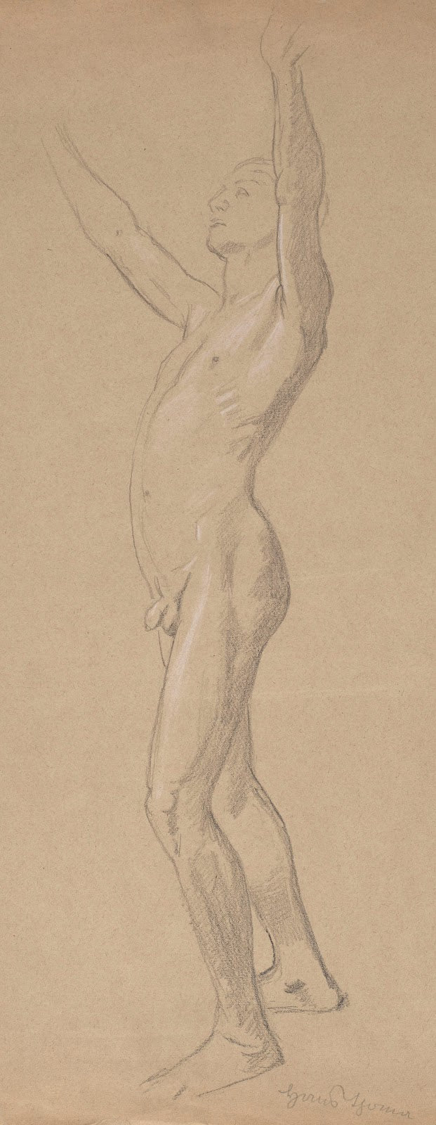 Study of male nude with raised hands 1900