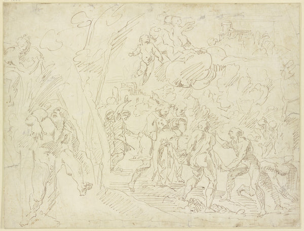 Vier Männer tragen einen Toten links ein Flußgott