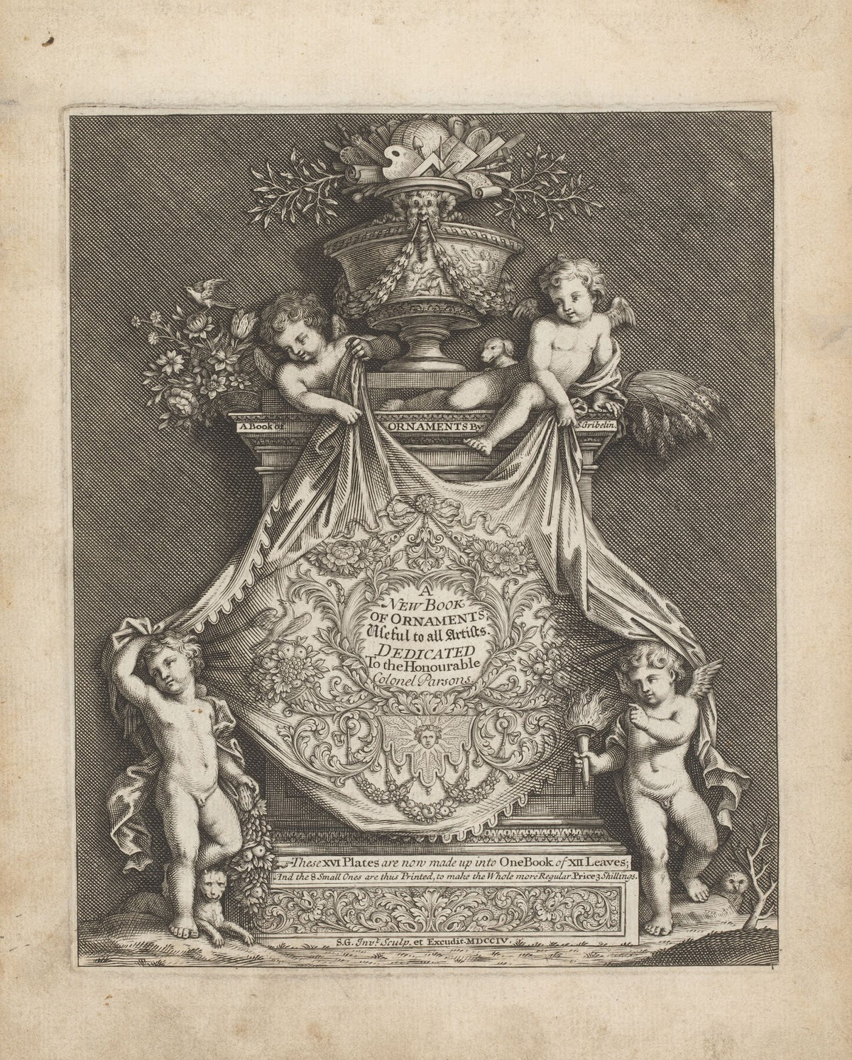 Four cherubs hold a cloth with text on it 1704