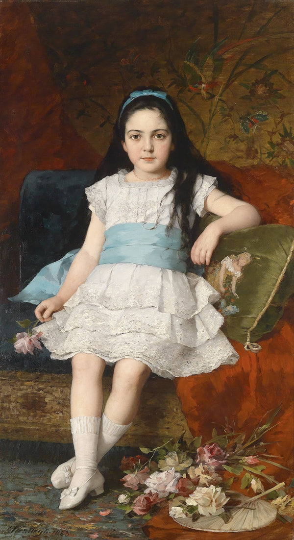 Portrait of a girl in a white dress with a blue sash 1883