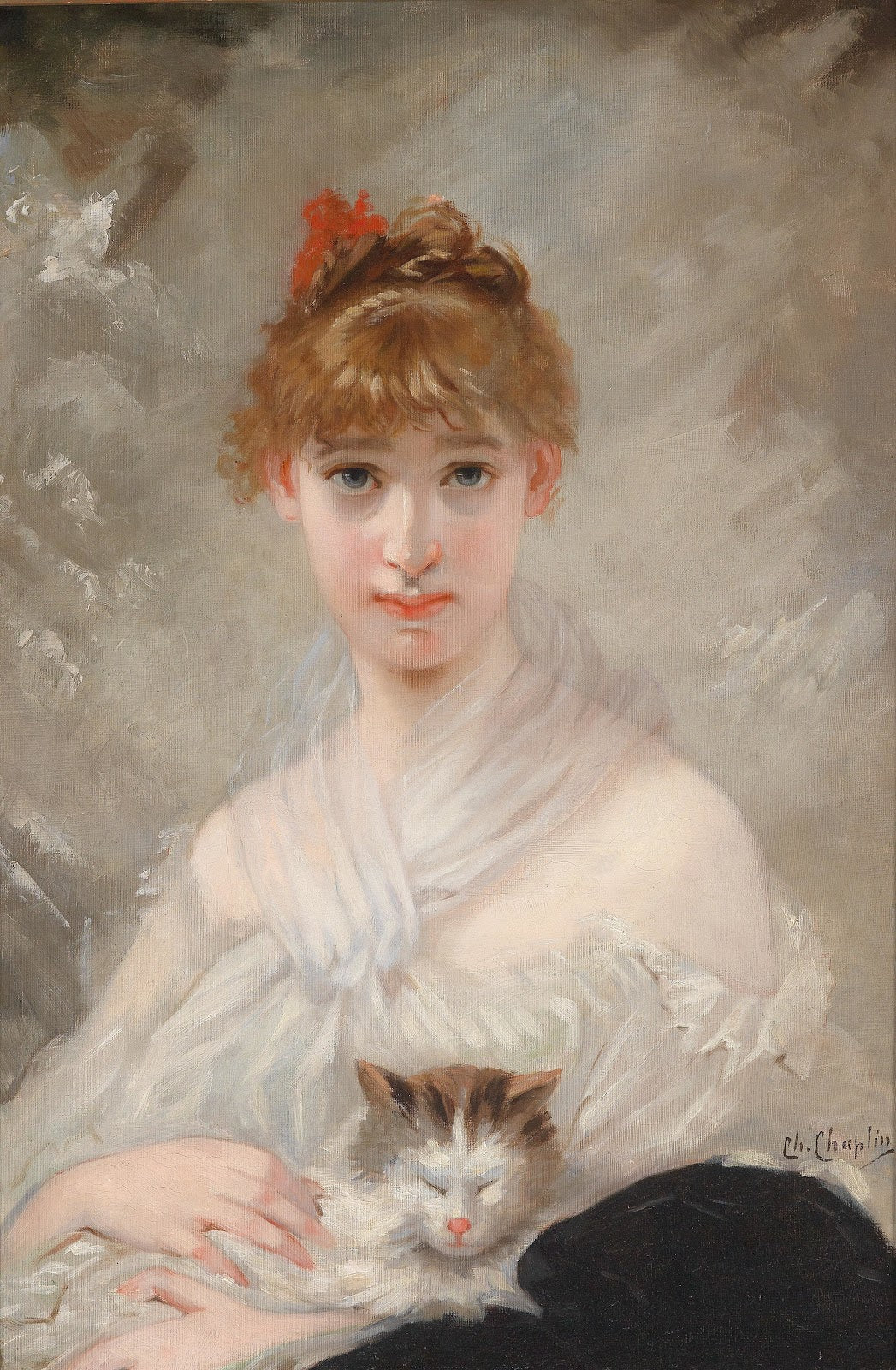 Mädchen mit weißem Tuch und Katze