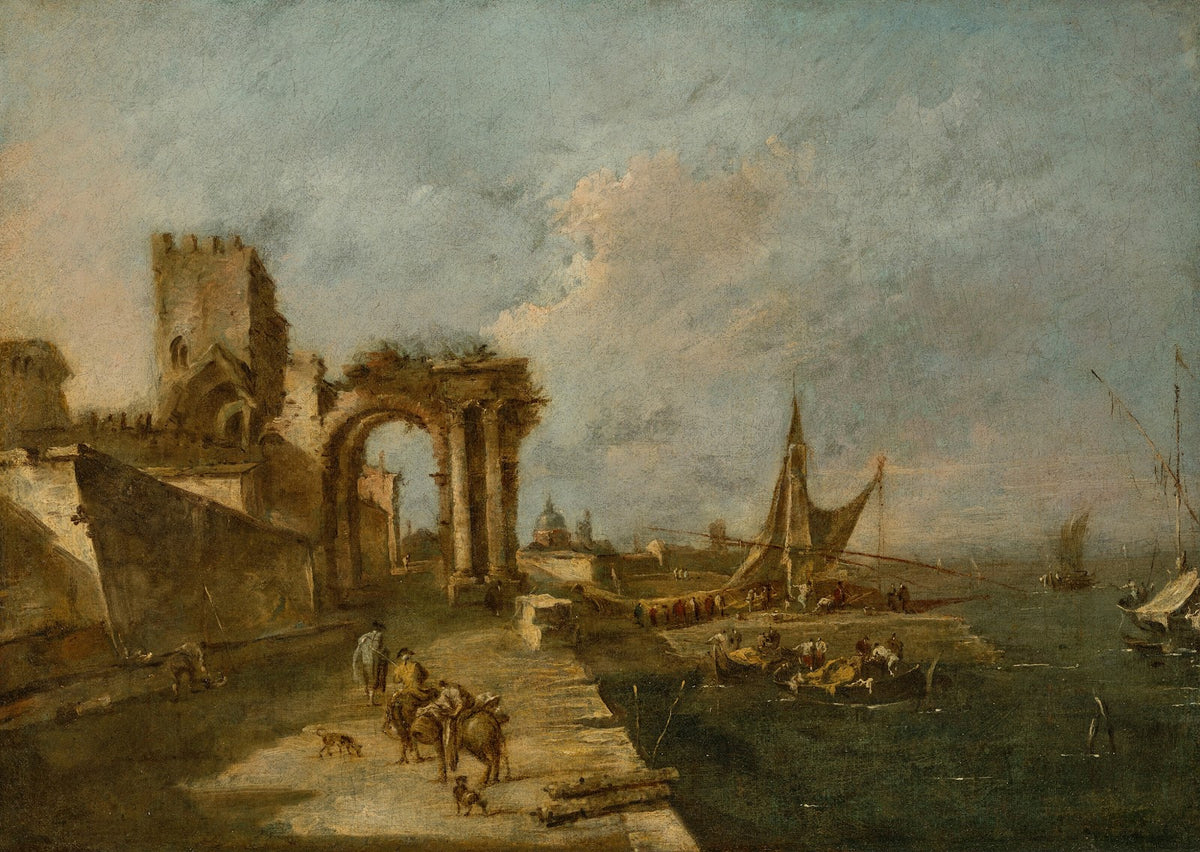Capriccio with a ruined arch a tower beyond and a seaport with boats and small v