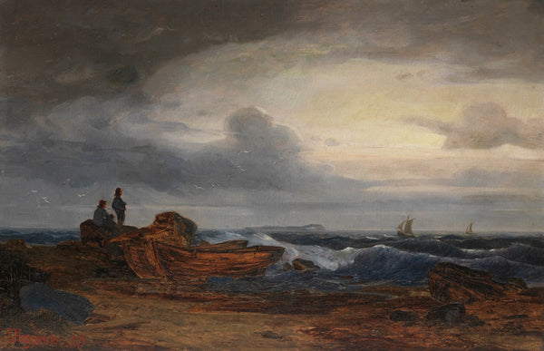 Meeresküste  Fischer und Boote an der Ostsee 1872
