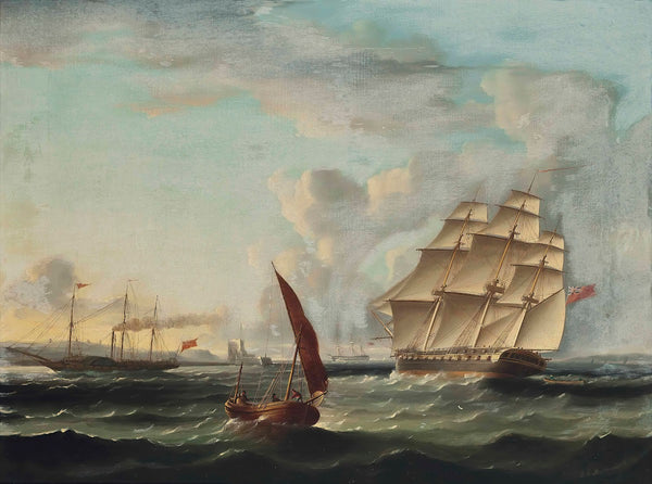 Frigate Approaching The Mouth Of The Tagus With A Paddle Steamer Passing The Bel