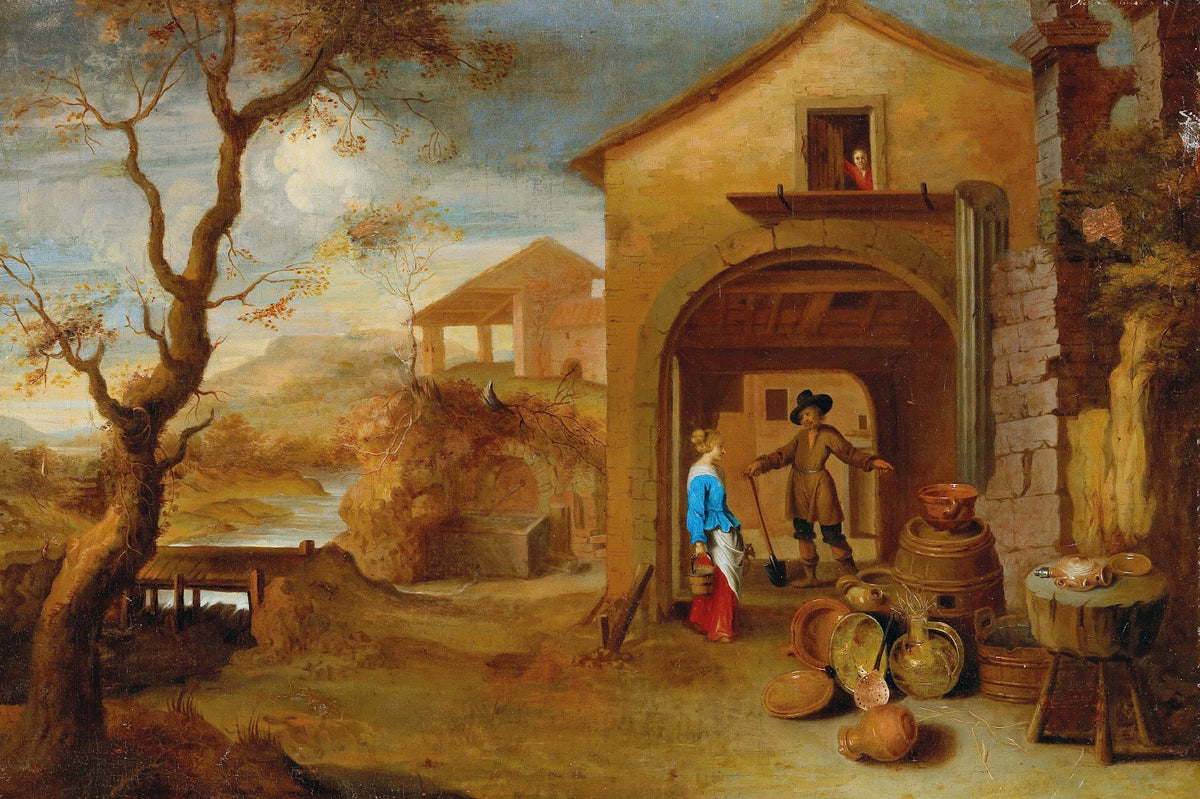 A peasant couple conversing in a farmyard