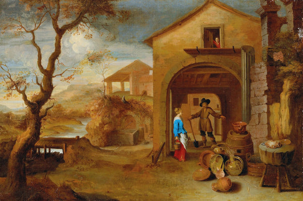 A peasant couple conversing in a farmyard