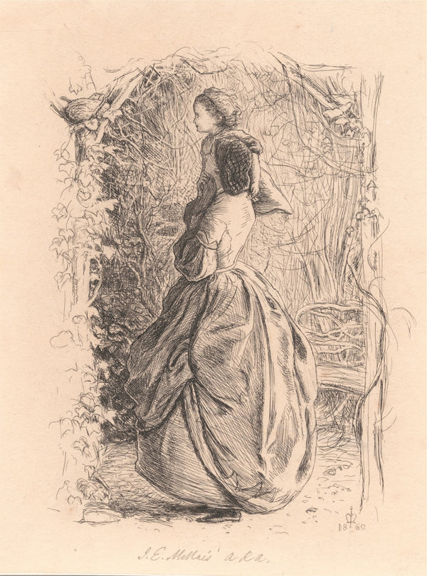Happy Spring Time Woman and Child Looking at Bird in Nest 1860