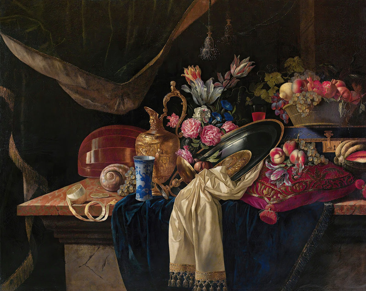 Still life with ewer a bunch of tulips and a mandolin