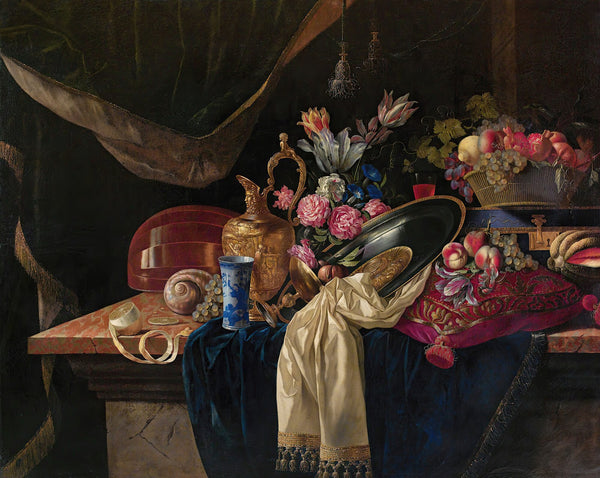 Still life with ewer a bunch of tulips and a mandolin