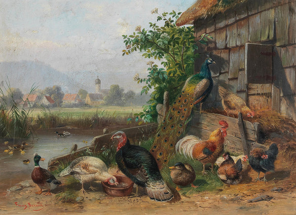 Poultry at the Pond in the background a Village