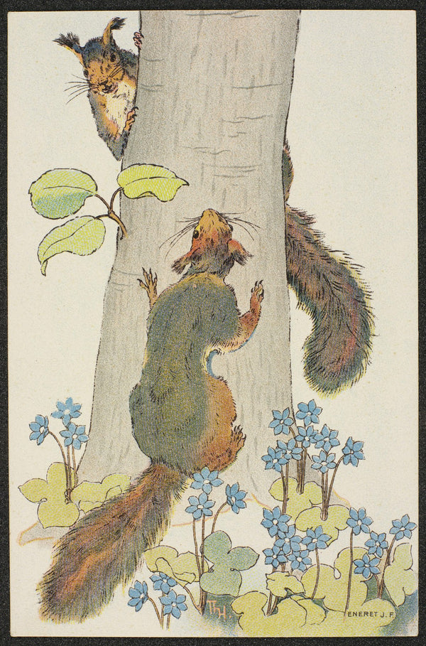 Summer motif with squirrels and blue flowers