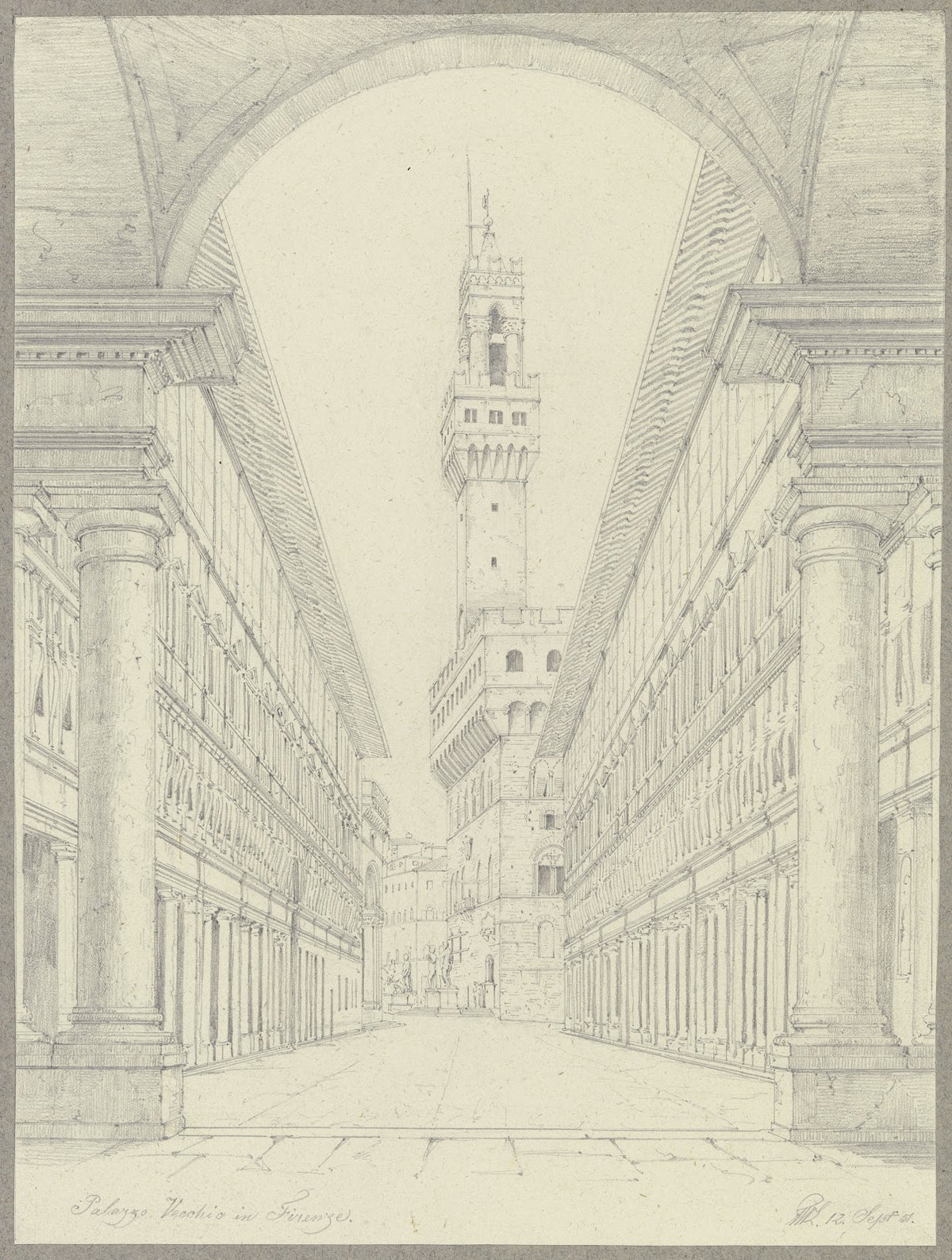 Der Palazzo Vecchio in Florenz vom Hof der Uffizien aus gesehen 1851