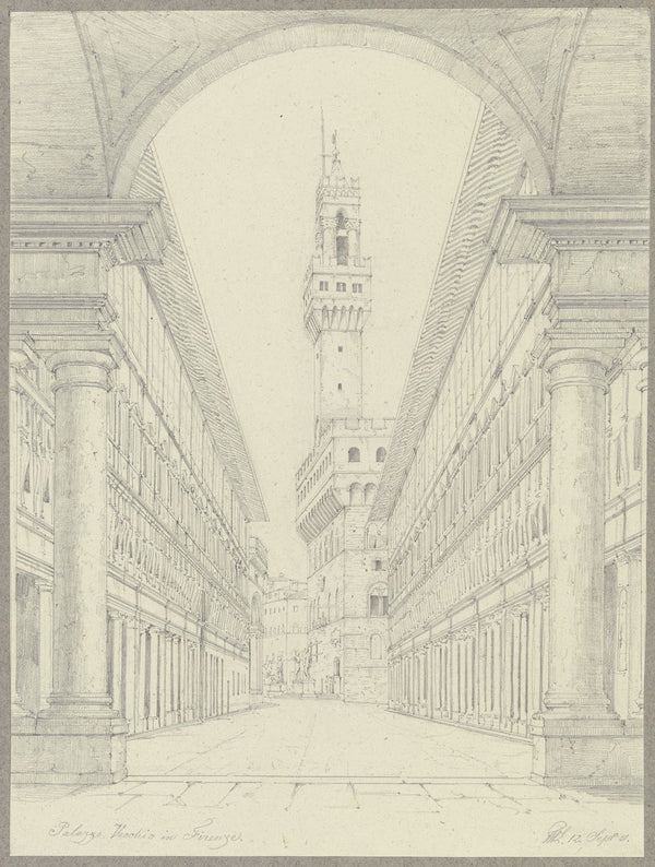 Der Palazzo Vecchio in Florenz vom Hof der Uffizien aus gesehen 1851