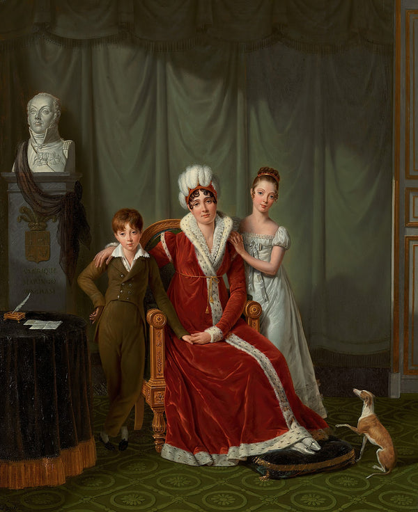 Portrait of General Baudets wife and her two children with a bust of the General