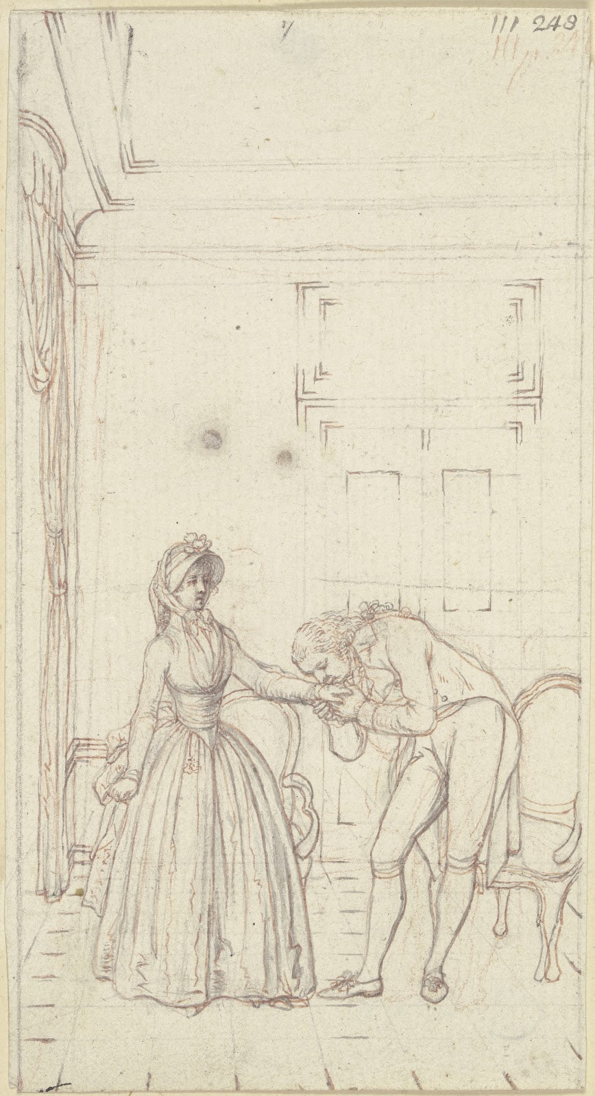 In einem Zimmer steht links Clarissa in Reisekleidung ca 1796