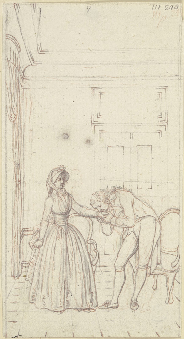 In einem Zimmer steht links Clarissa in Reisekleidung ca 1796