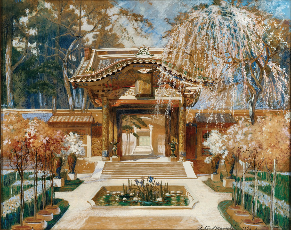 Japanese temple and a blooming tree stage design 1897