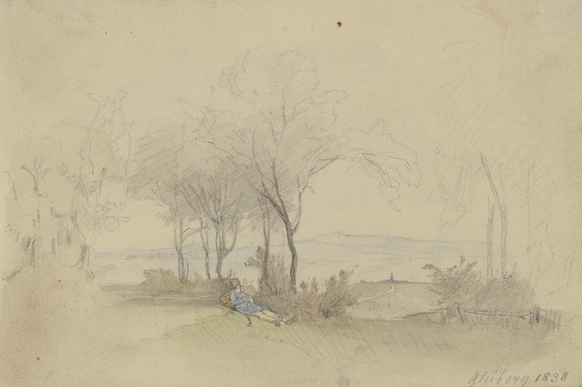Unter einer Baumgruppe liegt ein Handwerksbursche in blauem Kittel 1838