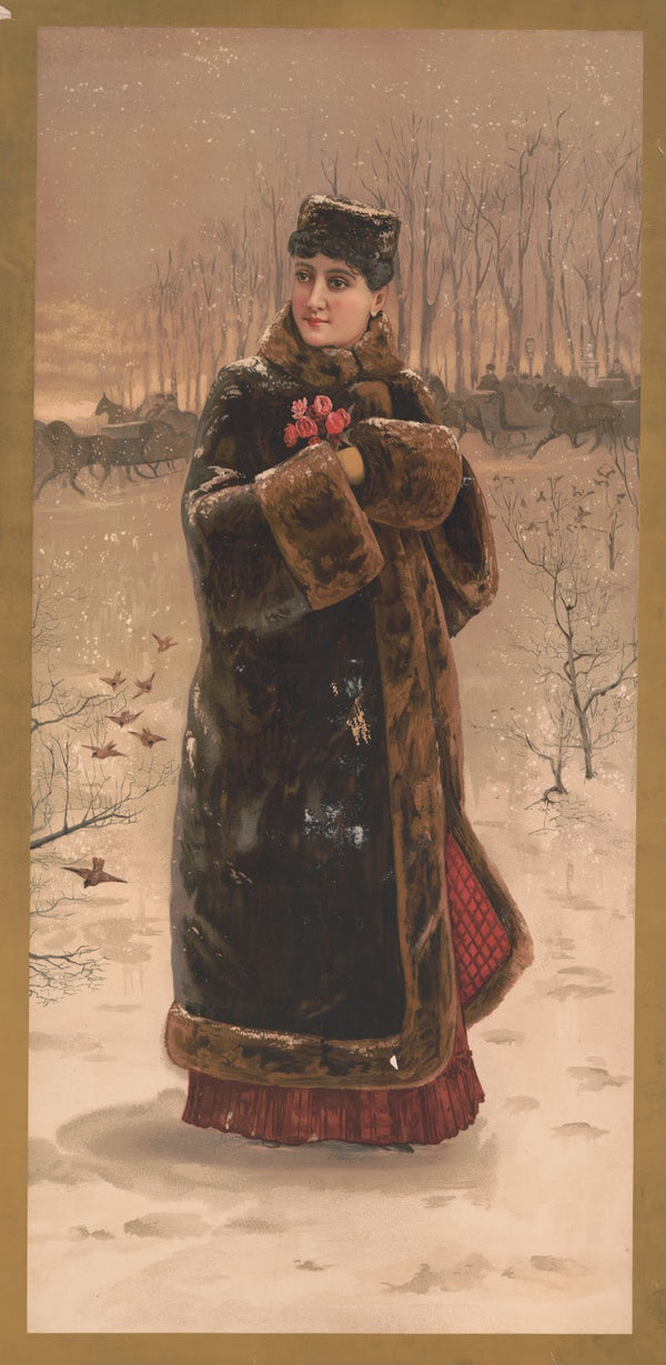 Woman in fur coat with muff 1875