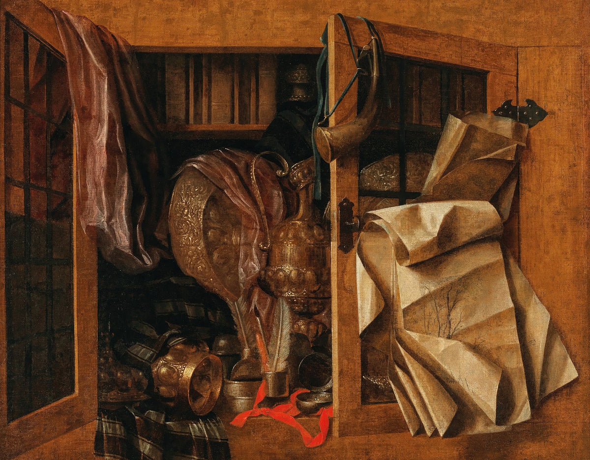 A trompe loeil still life of a cupboard with books gilded vessels a hunting horn