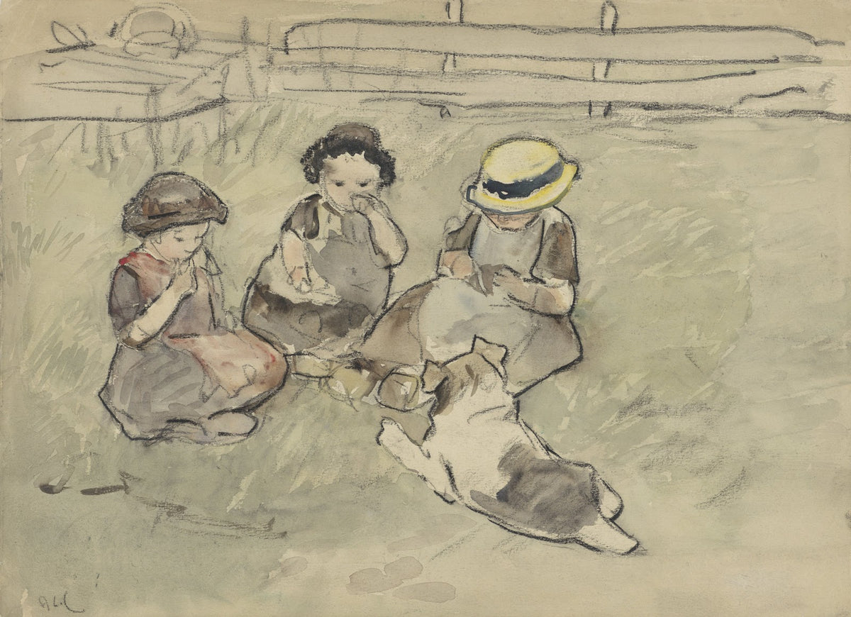 Drie meisjes met een hond zittend in een weiland 1860   1921