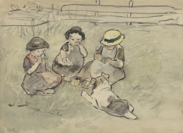 Drie meisjes met een hond zittend in een weiland 1860   1921