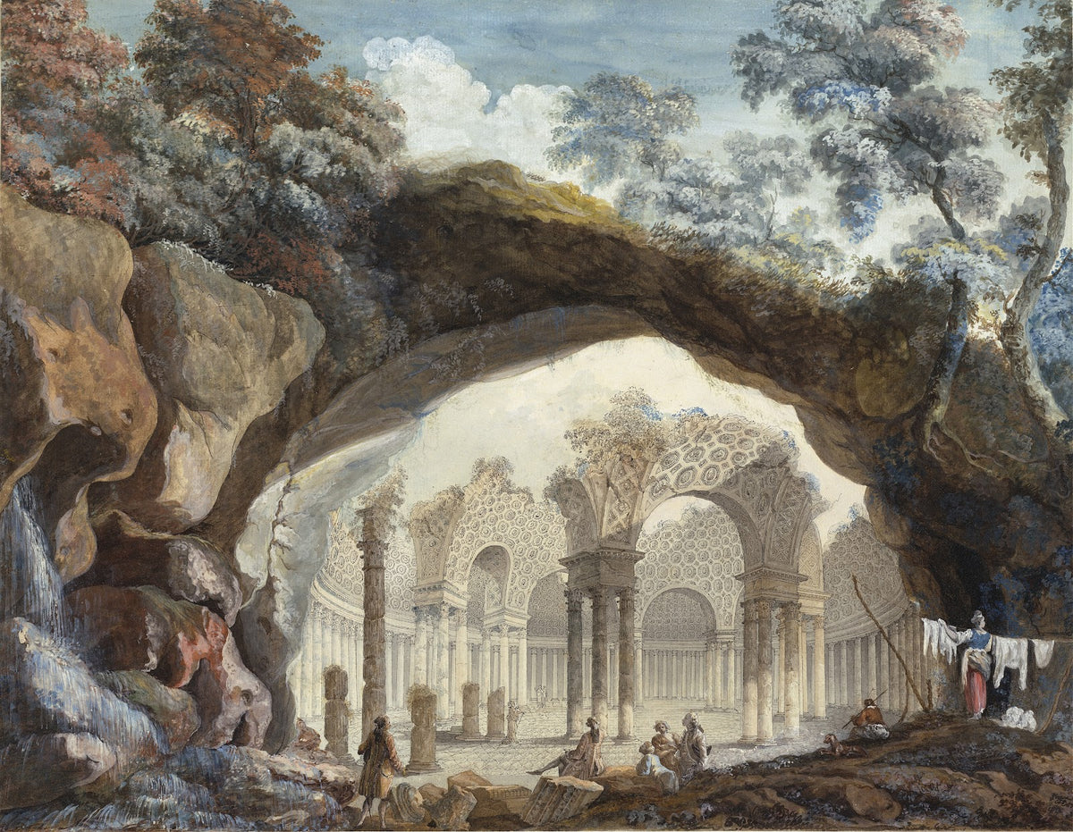 Architectural Fantasy  Ruins of a Circular Temple Seen through a Natural Arch c