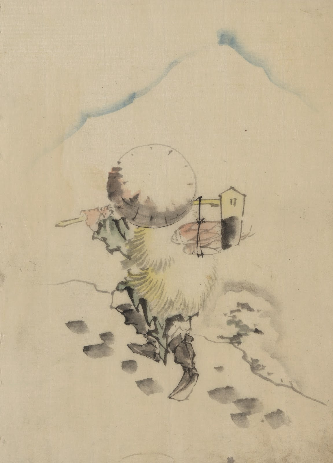 A man wearing a conical hat a straw or feather outer garment and boots is carryi