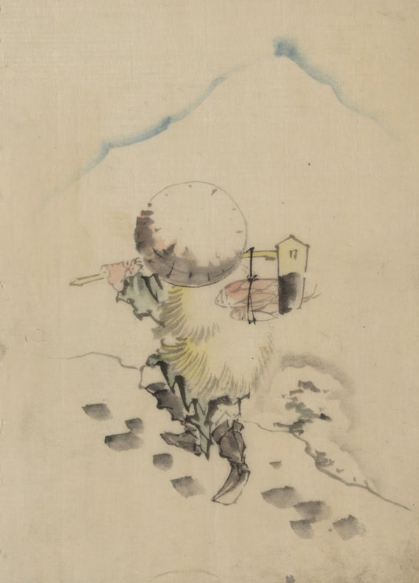 A man wearing a conical hat a straw or feather outer garment and boots is carryi