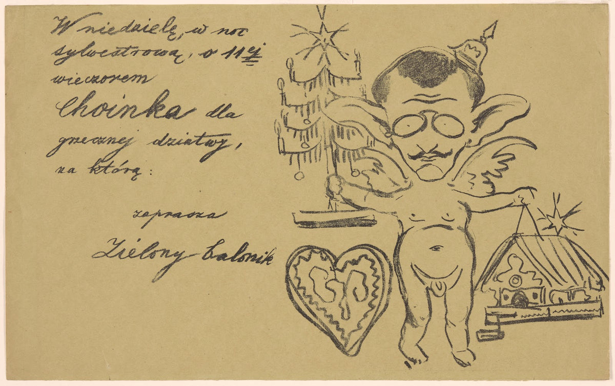 Invitation to the Zielony Balonik cabaret with a caricature of Lucjan Rydel 1905