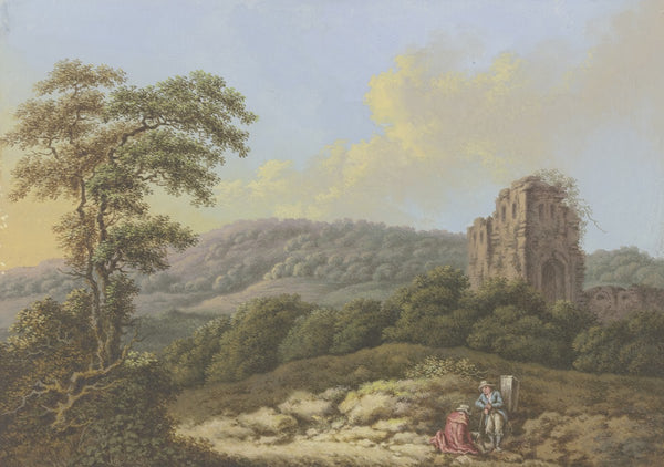 Landschaft mit einer Ruine links ein hoher Baum im Vordergrund zwei Wanderer