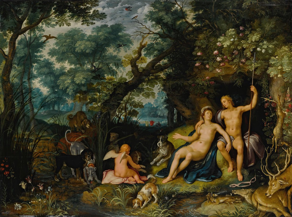 Venus and Adonis resting in an extensive landscape with Cupid and hunting dogs a