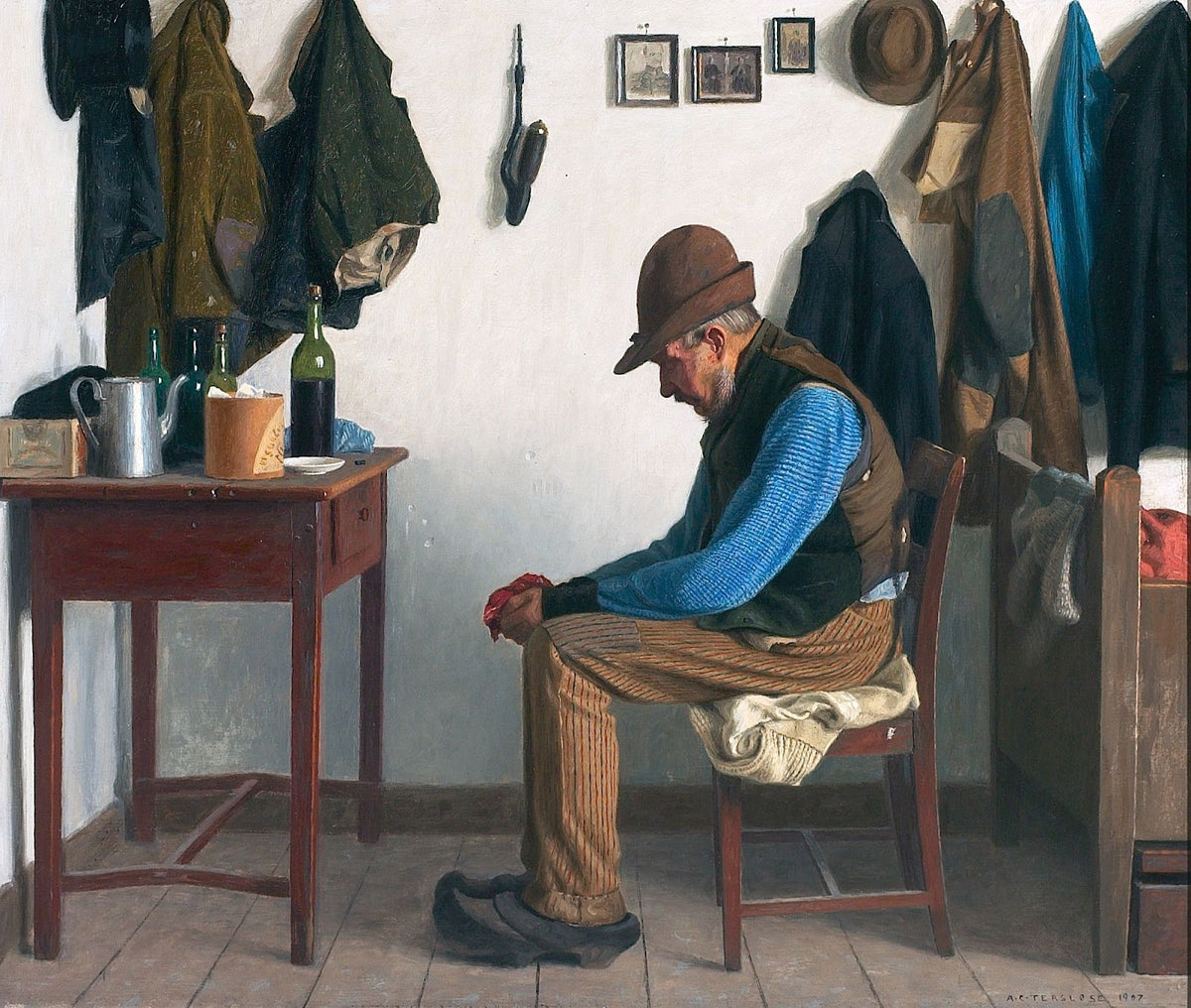 Almueinteriør med siddende ældre herre 1907