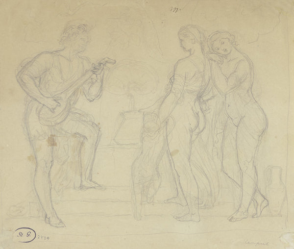 Am Brunnen spielt ein Jüngling zwei Mädchen und einem Kind auf der Laute vor