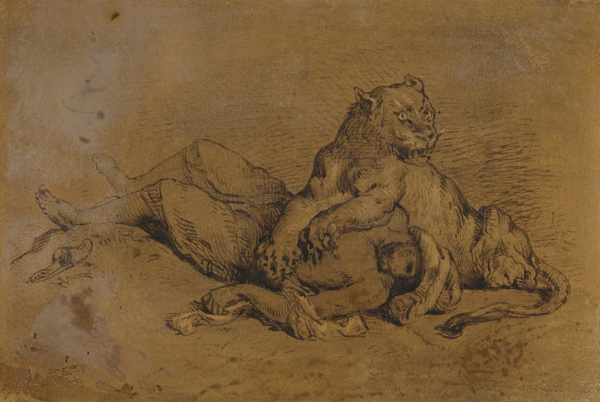 Lionne déchirant la poitrine dun Arabe after Delacroix